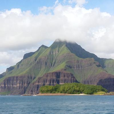 The primary subject of the image is a large mountain with a cloudy sky above it. The mountain is covered in lush greenery, giving it a serene and natural appearance. The setting is a beautiful beach with a sandy shore, providing a picturesque contrast to the towering mountain. The visual style of the image is a combination of photo and digital art, creating a stunning and realistic representation of the landscape. The colors and mood of the image are predominantly green and blue, reflecting the natural beauty of the